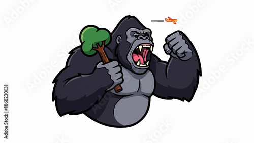 Angry gorilla with tree club and flying airplane