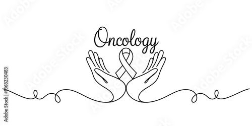Oncology awareness and support depicted by continuous line art of hands holding a ribbon