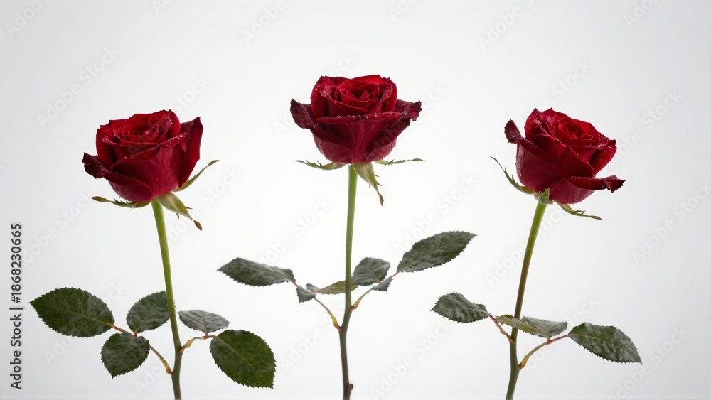 Fototapeta premium Three red roses with dew on white background