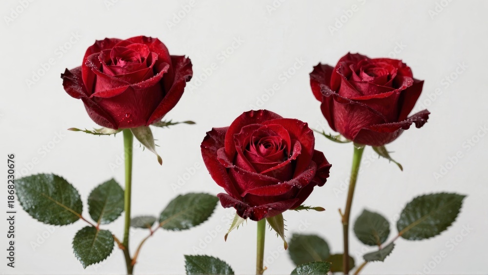 Fototapeta premium Three red roses with water droplets on white background