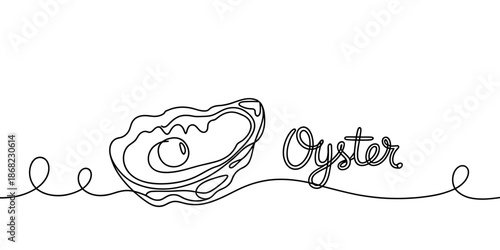 Continuous line drawing of an oyster with a pearl and hand-lettered text isolated on transparent background