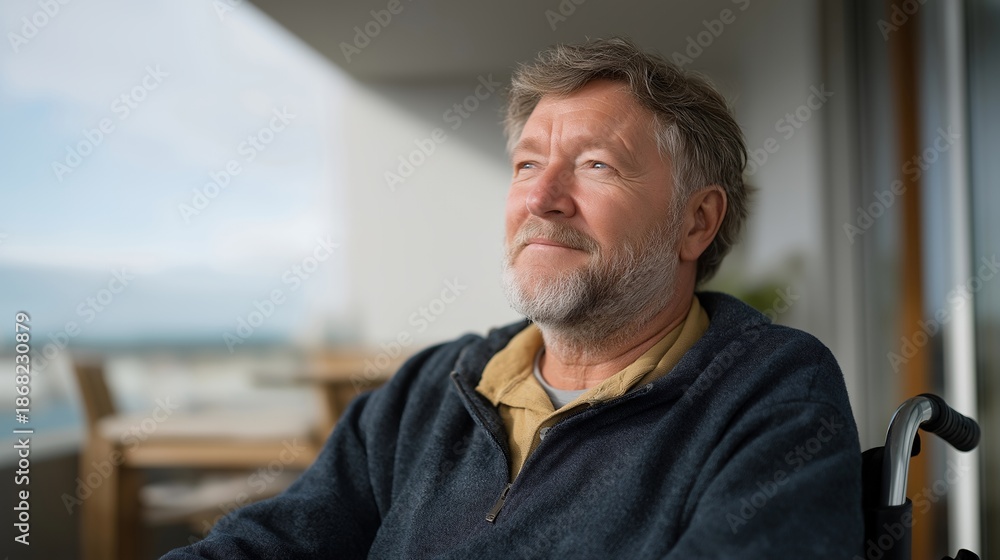 Fototapeta premium An older adult in a wheelchair enjoying fresh air on a balcony or terrace, emphasizing quality of life, dignity, and senior wellness. cinematic color correction, natural uneven lighting yet gentle