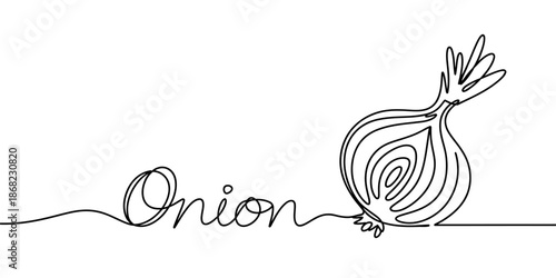 Minimalist continuous line art drawing of an onion with the word 'onion' incorporated
