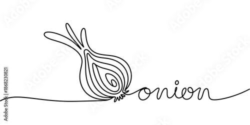 Elegant continuous line art illustration of a fresh onion accompanied by the word 'onion' in a minimalist black and white design