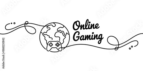 Global online gaming concept with a world map and game controller in continuous line art