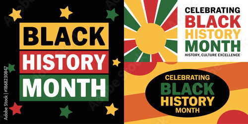 Vibrant designs celebrating black history month with pan-african colors and symbolic elements