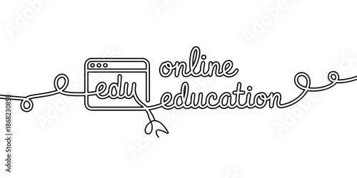Continuous line art illustration of online education with a browser window and 'edu' text