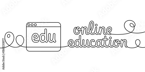 Continuous line drawing of online education concept with browser window and 'edu' text