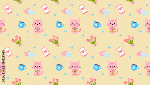 Seamless cute pattern featuring pink cats holding flowers, hearts, coffee cups, smartphones.expressing love, friendship, daily happiness, perfect for Valentine designs, wallpapers, wrapping paper