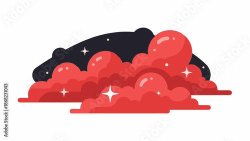 Abstract crimson clouds with starbursts against a dark sky backdrop