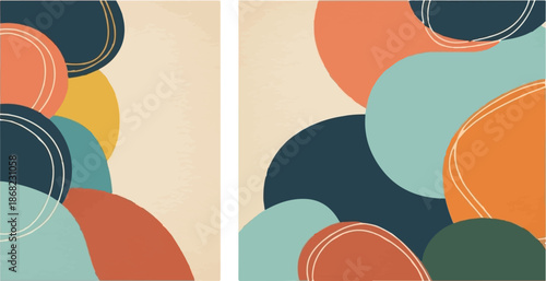 Abstract composition with overlapping organic shapes in warm, earthy tones and white outlines