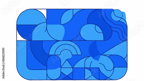 Abstract composition of interlocking geometric shapes and flowing lines in various shades of blue