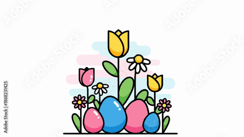 Bright spring garden with colorful tulips, daisies, and Easter eggs