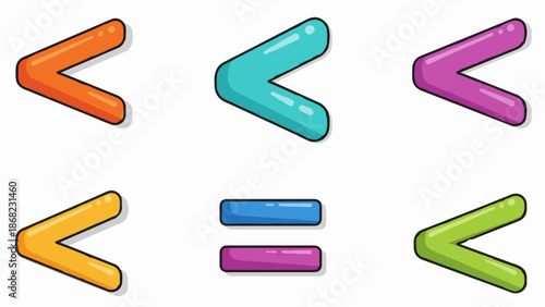 Bright, stylized angle brackets and equality signs in diverse colors against a white backdrop