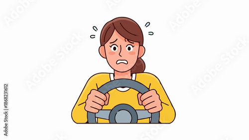 Anxious person gripping steering wheel, eyes wide, sweat drops indicating stress