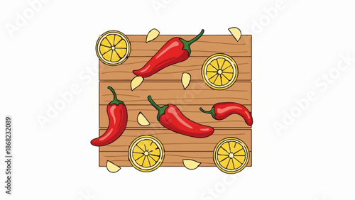 Arrangement of vibrant red chilies, sunny lemon slices, and scattered garlic cloves on a rustic wooden surface