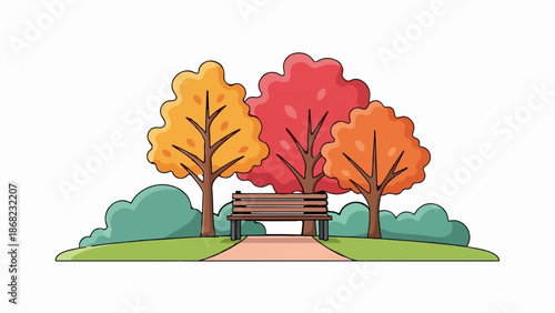 Autumnal park scene with a wooden bench between colorful trees