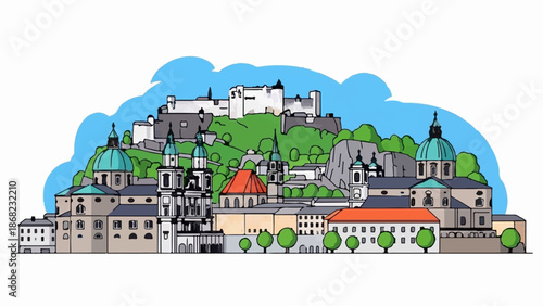 Artistic illustration of a historic European city skyline with a fortress