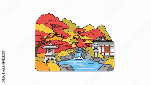 Autumnal landscape with a water feature, lanterns, and a traditional building