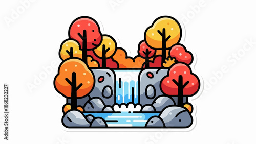 Autumnal scene with stylized trees, rocks, and a cascading waterfall