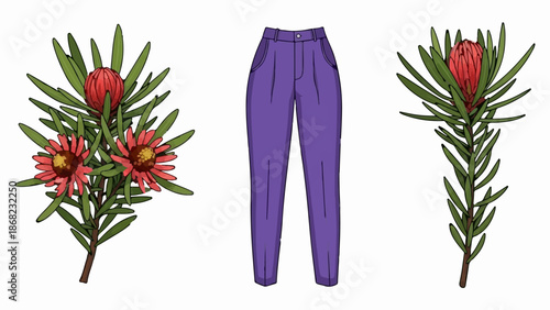 Artistic illustration of purple pleated trousers flanked by delicate red floral branches with green leaves