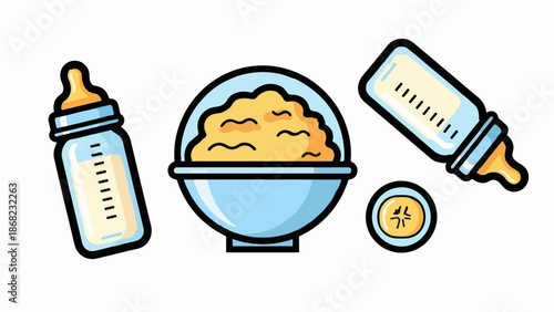 Baby feeding essentials two bottles, a bowl of food, and a pacifier