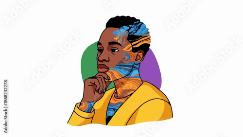 Artistic portrait of a pensive individual with swirling colors on face and neck