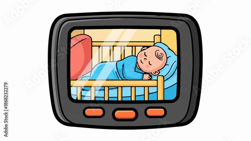 Baby monitor showing a sleeping infant in a crib