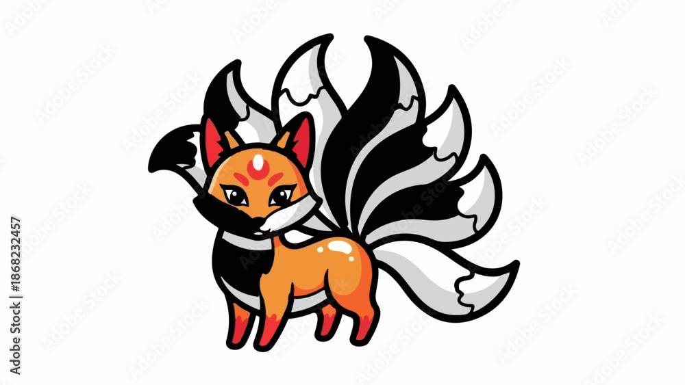 Fototapeta premium Adorable multi-tailed fox with orange body, black and white striped fur details
