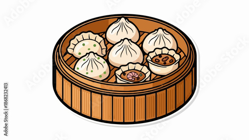 Bamboo steamer basket filled with various dumplings, some with green dots and others with shrimp or broth