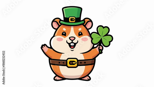 Adorable hamster in green leprechaun hat holds shamrock
