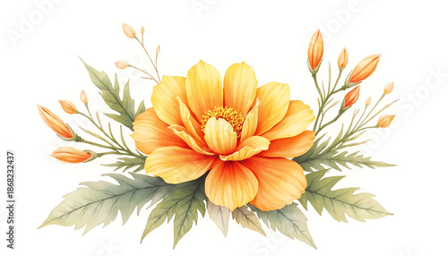 Orange Flower with Green Leaves Painting