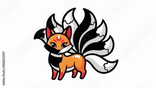 Adorable multi-tailed fox with orange body, black and white striped fur details