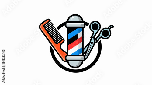 Barber pole, scissors, and comb emblem