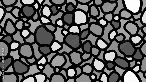 Abstract pattern of irregular gray shapes with black outlines