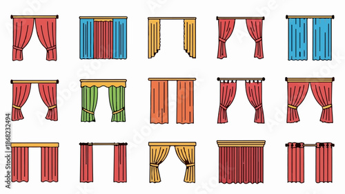 Assorted fabric drapes in various colors and styles shown hanging on rods