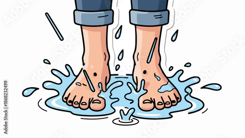 Bare feet splashing in cool water with rolled-up jeans