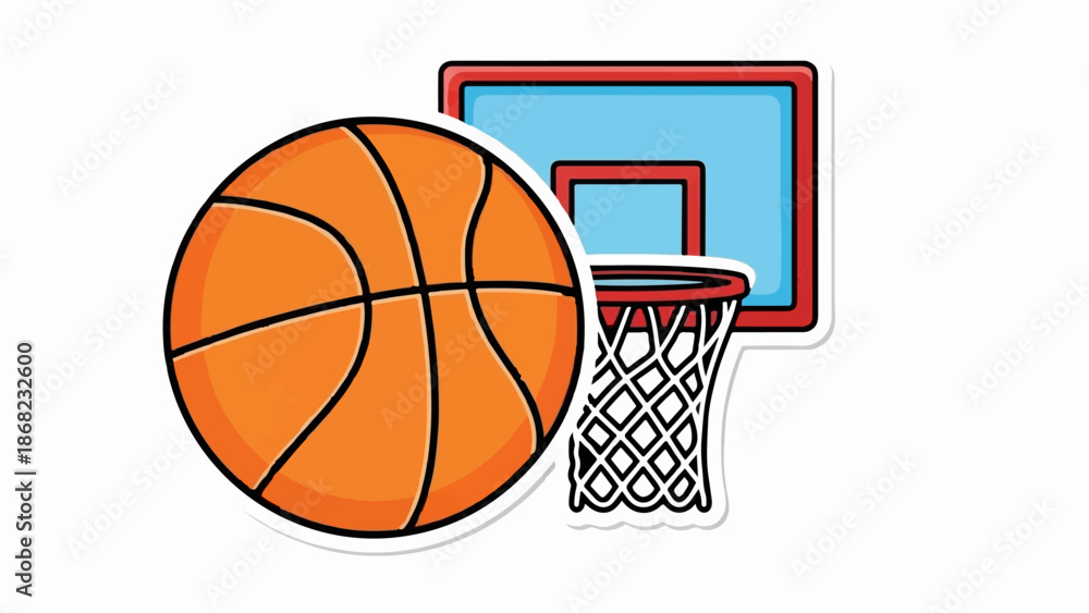 Fototapeta premium An orange basketball rests near a red-trimmed blue backboard and netted hoop