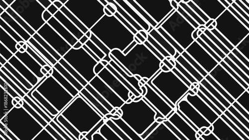 Abstract pattern with intersecting lines and rounded squares on a black background