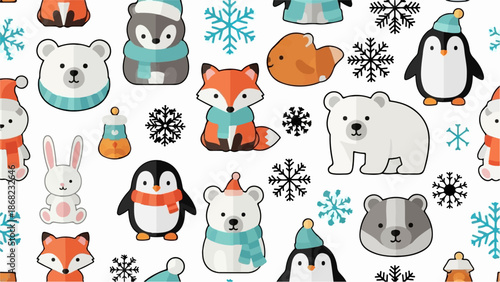 Adorable winter animals like foxes, penguins, and polar bears in a fun repeating pattern with snowflakes