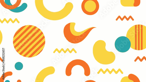Abstract playful shapes and patterns in orange, yellow, and teal on white