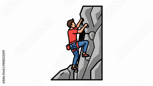 Adventurer climbs steep rock face, reaching for holds with determined grip
