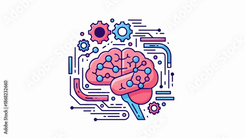 Abstract pink brain with blue nodes and gears, surrounded by circuits