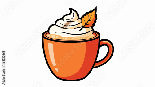 An orange mug filled with a frothy, creamy beverage, topped with whipped cream and a fall leaf