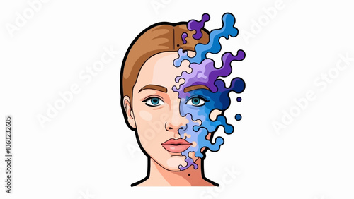 Abstract portrait of a woman with half her face dissolving into blue and purple ink splashes