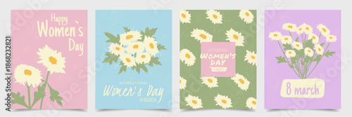 Hand drawn set of cutest posters or cards for Womens day with Flowers, bouquet and Texture. Handwritten Vector Floral vertical templates.