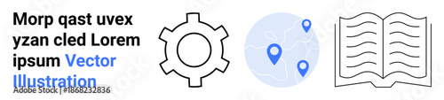 Gear icon, globe with location pins, and open book symbolizing technology, navigation, and learning. Ideal for education, technology, travel, knowledge sharing digital tools global communication