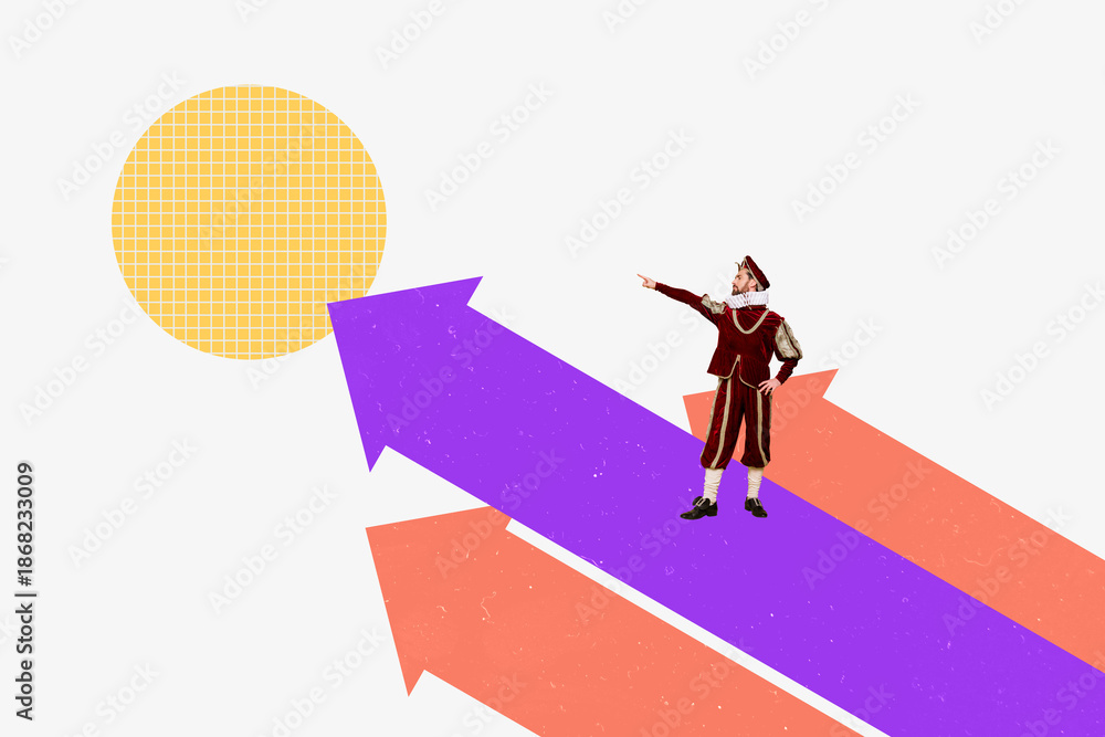 Obraz premium Poster trend sketch template 3D collage of success graphics charts business young man aristocratic style finger point arrow way direction
