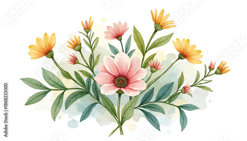 Watercolor Floral Bouquet with Pink Center Flower and Yellow Accents