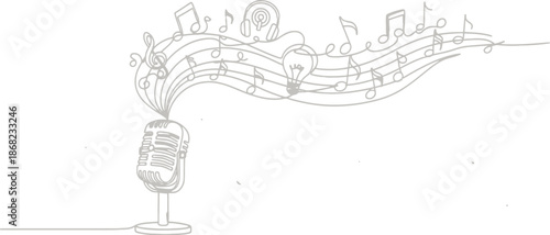 Music notes emerging from microphone on white background